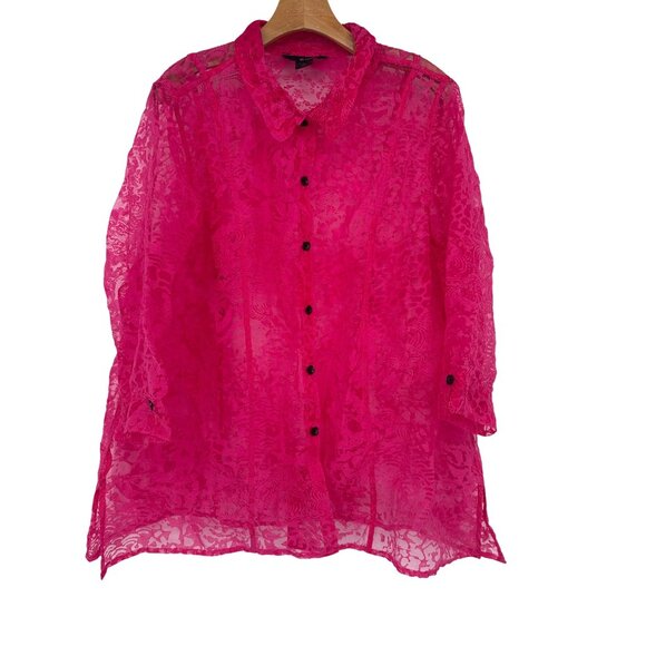 Ali Miles Womens Button-Up Tunic Top size Large Pink semi sheer wired collar - Picture 1 of 4